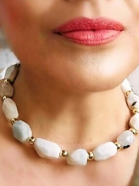 Natural Moonstone & Aquamarine Large Stones In Heavy Chunky Necklace